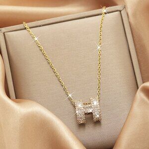 18K Gold Plated Stainless Steel Luxury Letter H Simulated Diamond Necklace